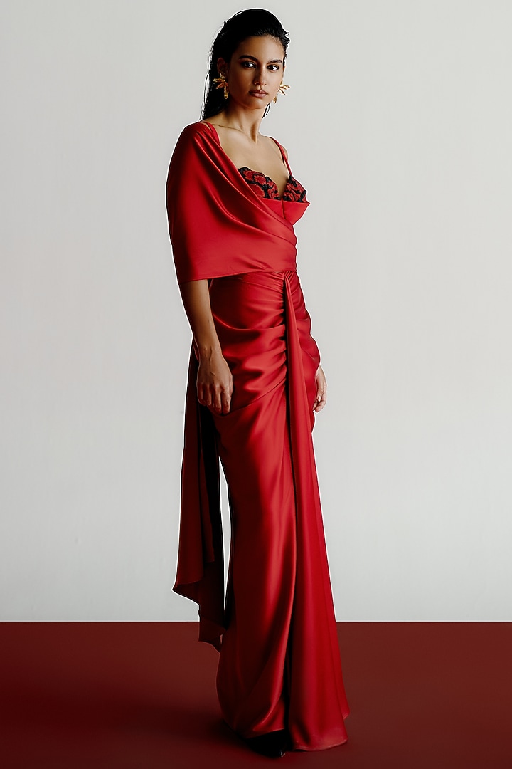 Red Satin Crepe Pre-Stitched Wedding Saree by 431-88 By Shweta Kapur at Pernia's Pop Up Shop