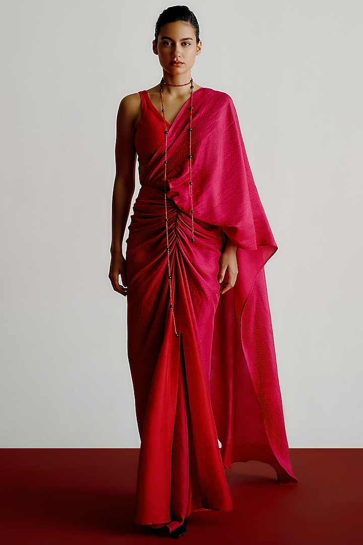 Red Dupion Printed Pre-Stitched Wedding Saree by 431-88 By Shweta Kapur at Pernia's Pop Up Shop