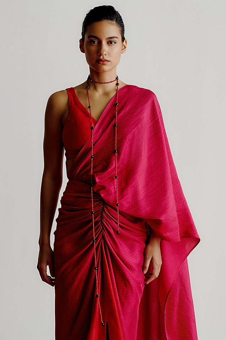 Red Dupion Printed Pre-Stitched Wedding Saree by 431-88 By Shweta Kapur at Pernia's Pop Up Shop