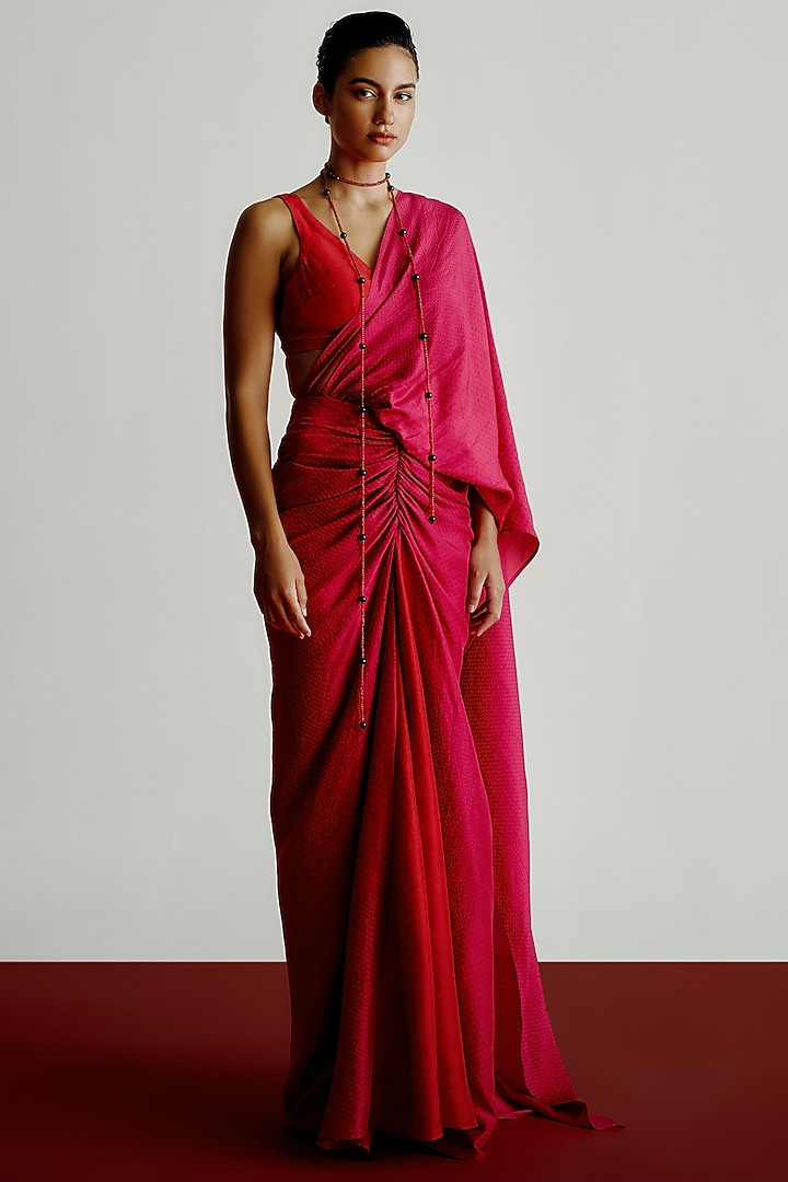 Red Dupion Printed Pre-Stitched Wedding Saree by 431-88 By Shweta Kapur at Pernia's Pop Up Shop