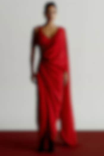 Red Dupion Printed Pre-Draped Wedding Saree by 431-88 By Shweta Kapur at Pernia's Pop Up Shop