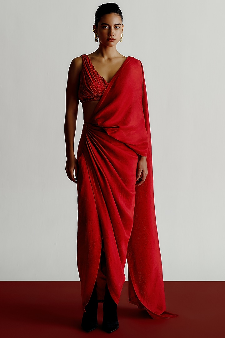 Red Dupion Printed Pre-Draped Wedding Saree by 431-88 By Shweta Kapur at Pernia's Pop Up Shop