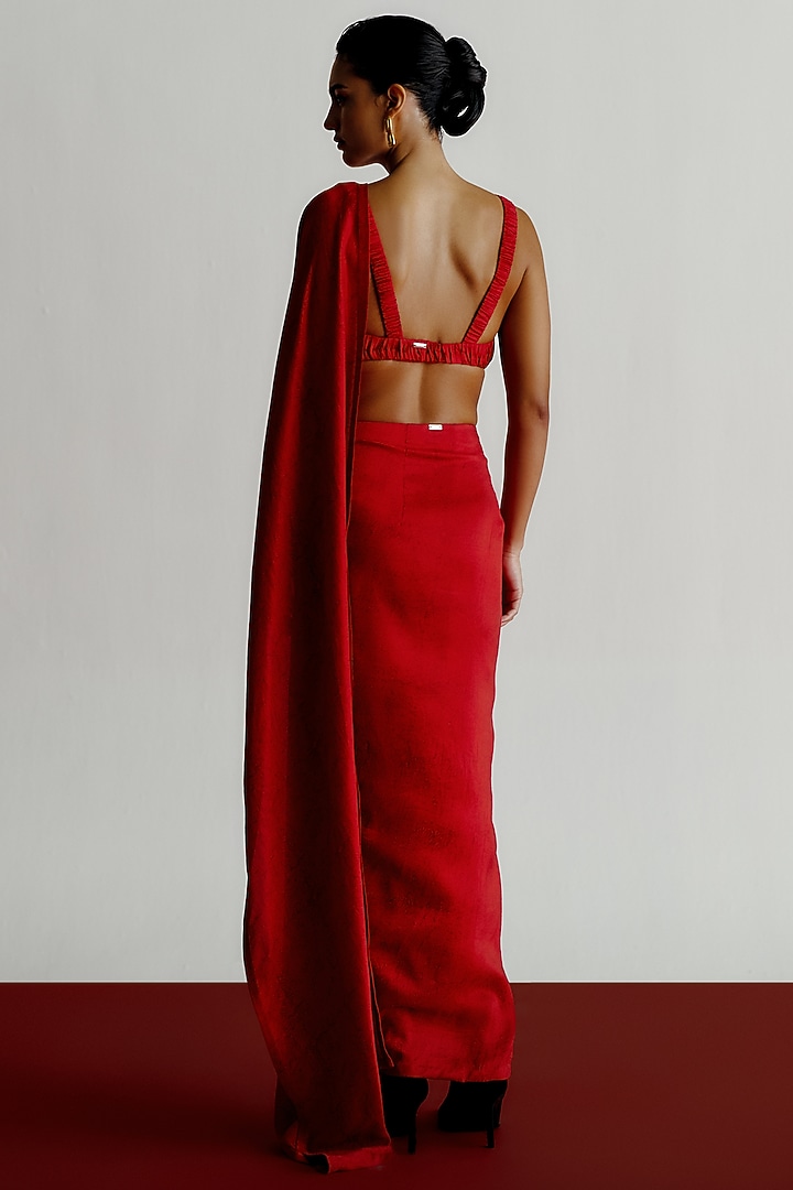 Red Dupion Printed Pre-Draped Wedding Saree by 431-88 By Shweta Kapur at Pernia's Pop Up Shop