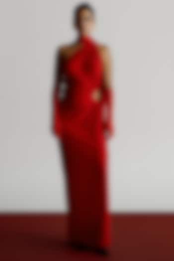 Red Korean Jersey Pre-Stitched Party Wear Saree by 431-88 By Shweta Kapur at Pernia's Pop Up Shop