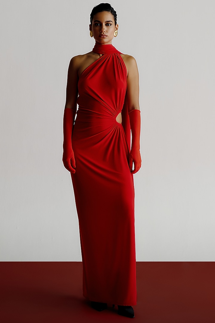 Red Korean Jersey Pre-Stitched Party Wear Saree by 431-88 By Shweta Kapur at Pernia's Pop Up Shop