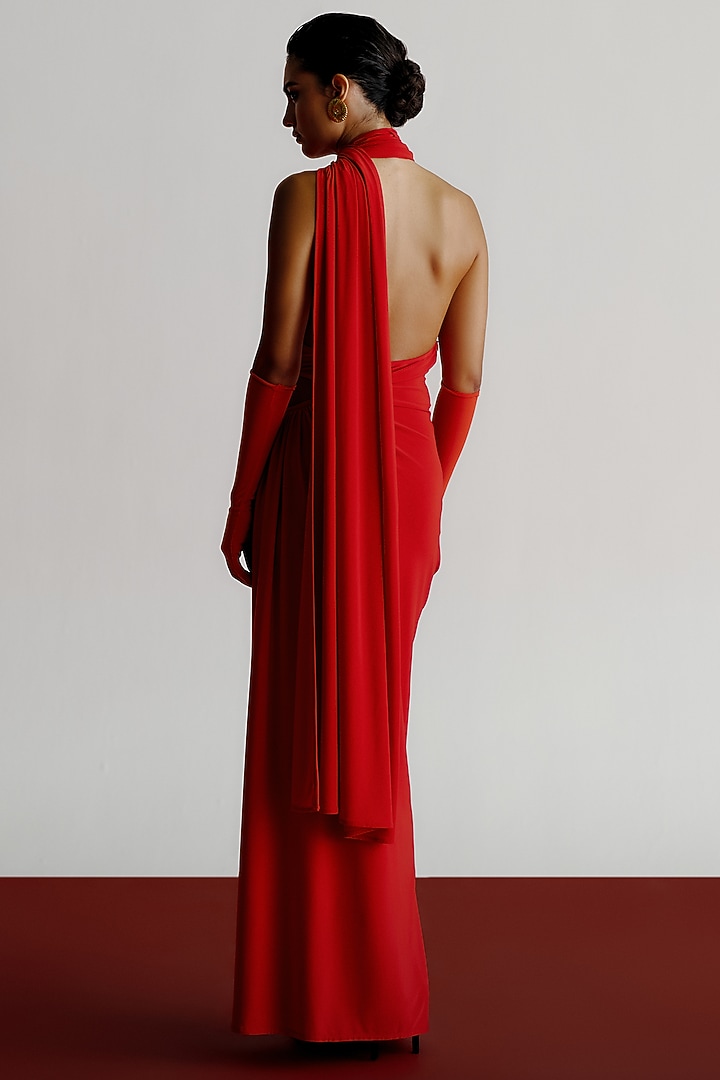 Red Korean Jersey Pre-Stitched Party Wear Saree by 431-88 By Shweta Kapur at Pernia's Pop Up Shop