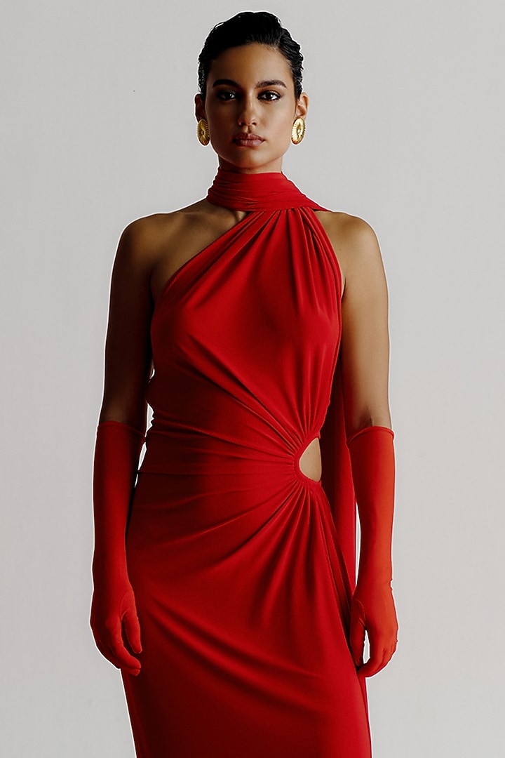 Red Korean Jersey Pre-Stitched Party Wear Saree by 431-88 By Shweta Kapur at Pernia's Pop Up Shop