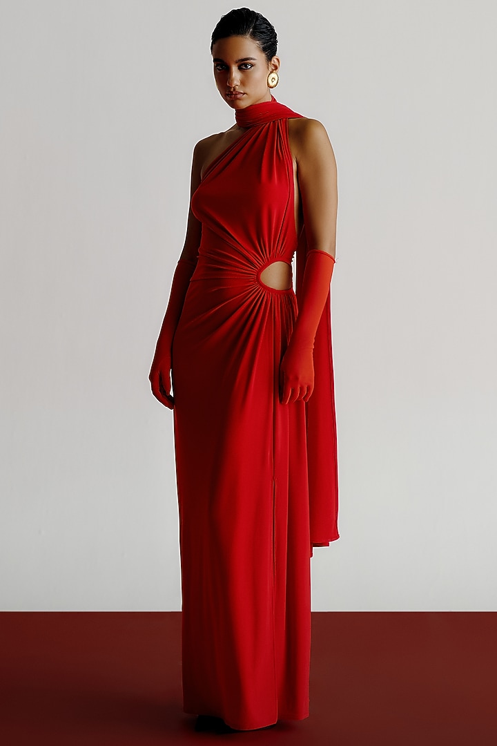 Red Korean Jersey Pre-Stitched Party Wear Saree by 431-88 By Shweta Kapur at Pernia's Pop Up Shop