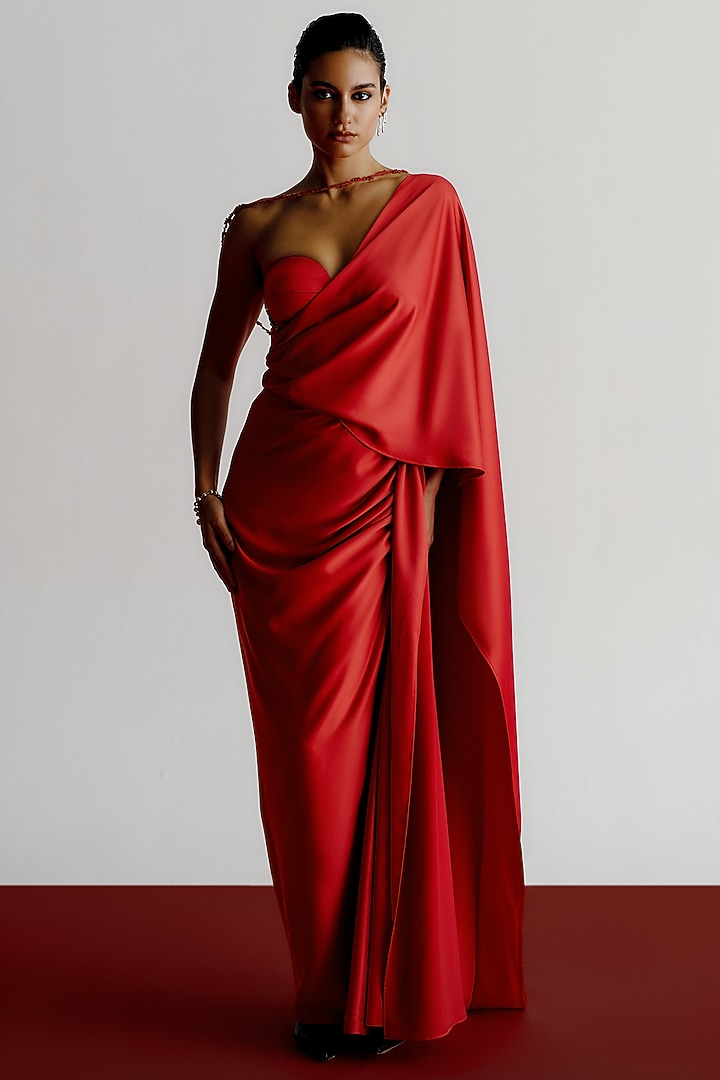Red Versace Crepe Pre-Stitched Wedding Saree by 431-88 By Shweta Kapur at Pernia's Pop Up Shop