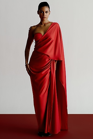 Red Versace Crepe Pre-Stitched Saree by 431-88 By Shweta Kapur