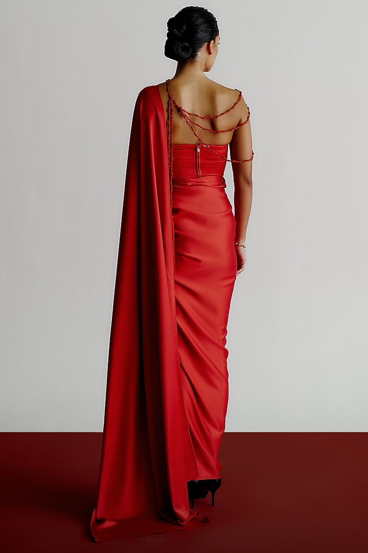 Red Versace Crepe Pre-Stitched Wedding Saree by 431-88 By Shweta Kapur at Pernia's Pop Up Shop