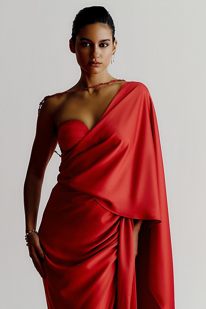 Red Versace Crepe Pre-Stitched Wedding Saree by 431-88 By Shweta Kapur at Pernia's Pop Up Shop