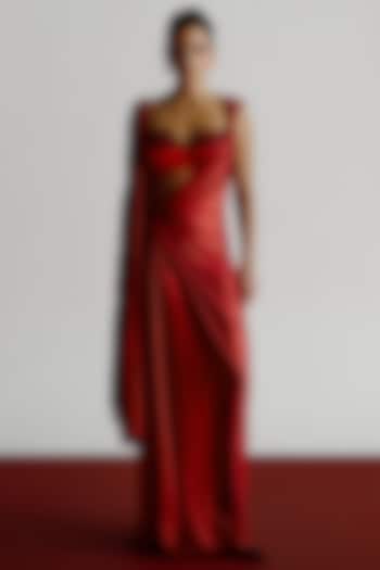 Red Liquid Jersey Pre-Stitched Wedding Saree by 431-88 By Shweta Kapur at Pernia's Pop Up Shop