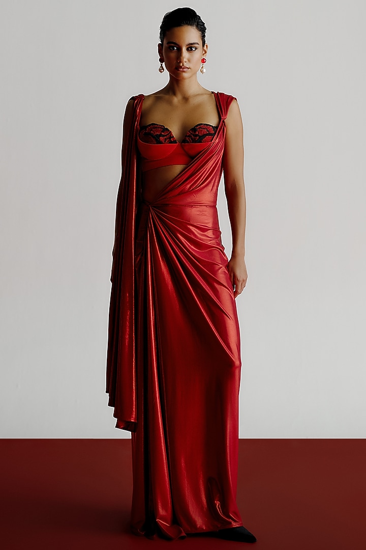 Red Liquid Jersey Pre-Stitched Wedding Saree by 431-88 By Shweta Kapur at Pernia's Pop Up Shop
