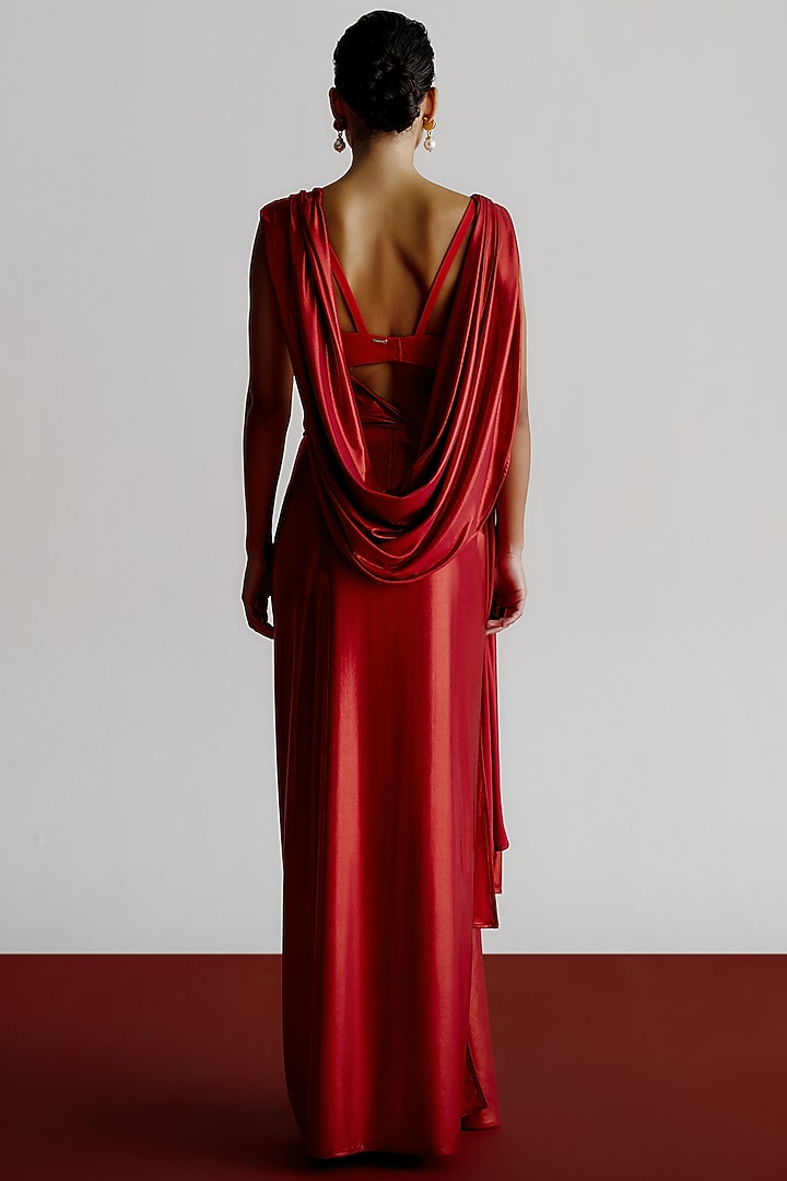 Red Liquid Jersey Pre-Stitched Wedding Saree by 431-88 By Shweta Kapur at Pernia's Pop Up Shop