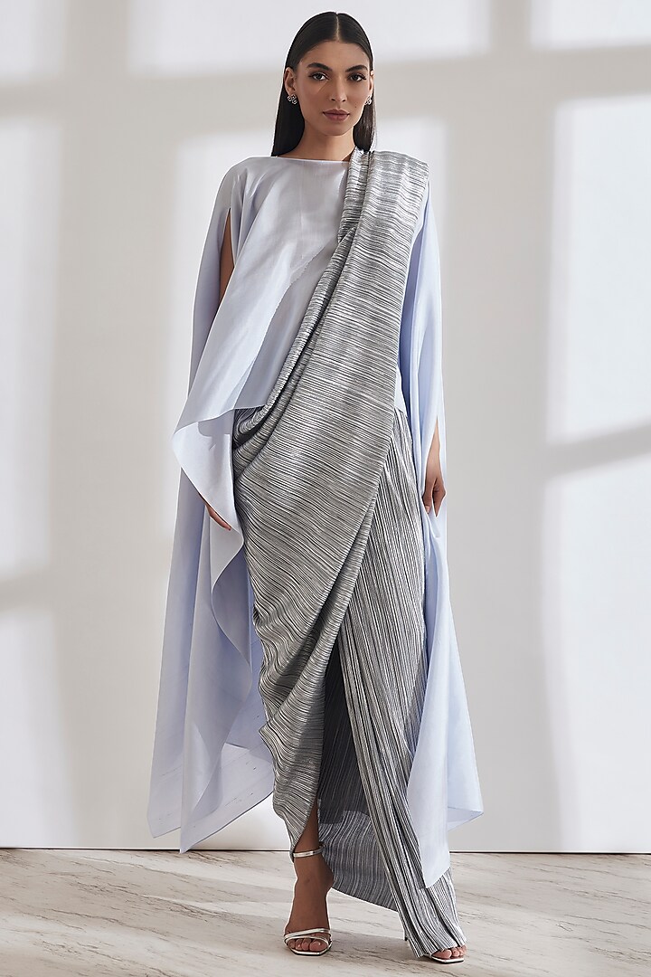 Powder Blue & Silver Metallic Saree by 431-88 By Shweta Kapur at Pernia's Pop Up Shop