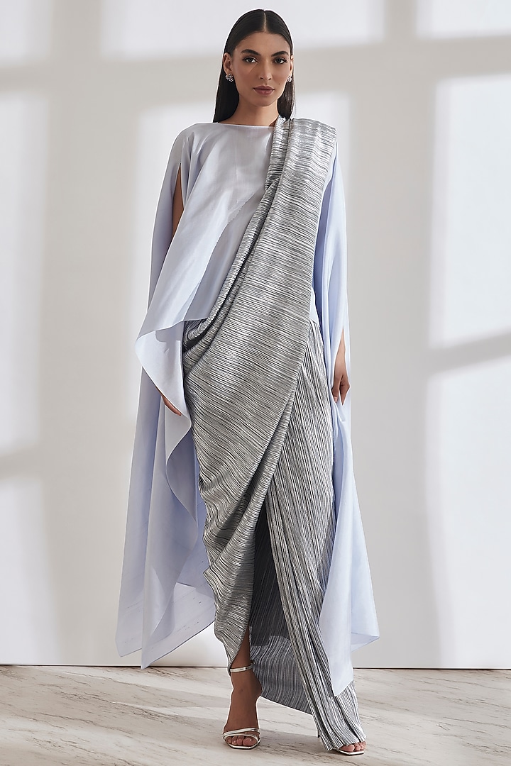 Ice Blue Metallic Sk Cape by 431-88 By Shweta Kapur at Pernia's Pop Up Shop
