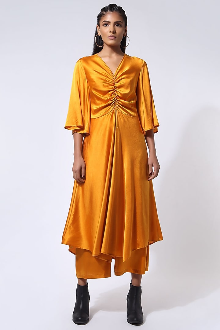 Ochre Yellow Stretch Satin Silk Draped Vacation Dress by 431-88 By Shweta Kapur at Pernia's Pop Up Shop