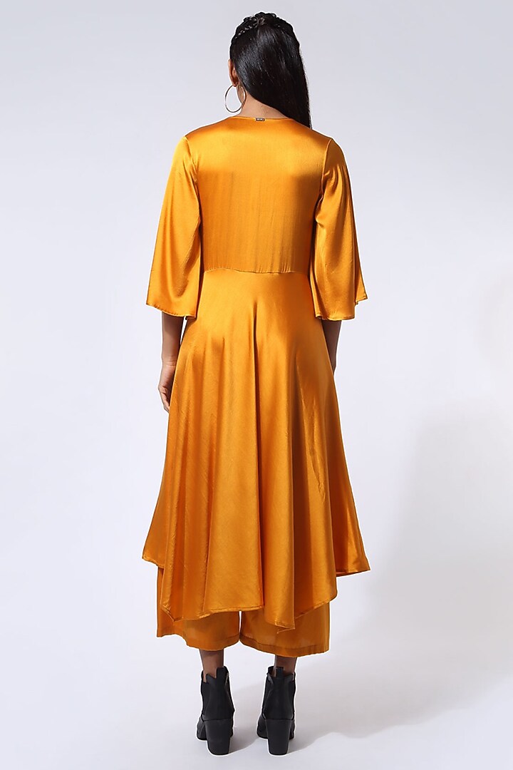 Ochre Yellow Stretch Satin Silk Draped Vacation Dress by 431-88 By Shweta Kapur at Pernia's Pop Up Shop