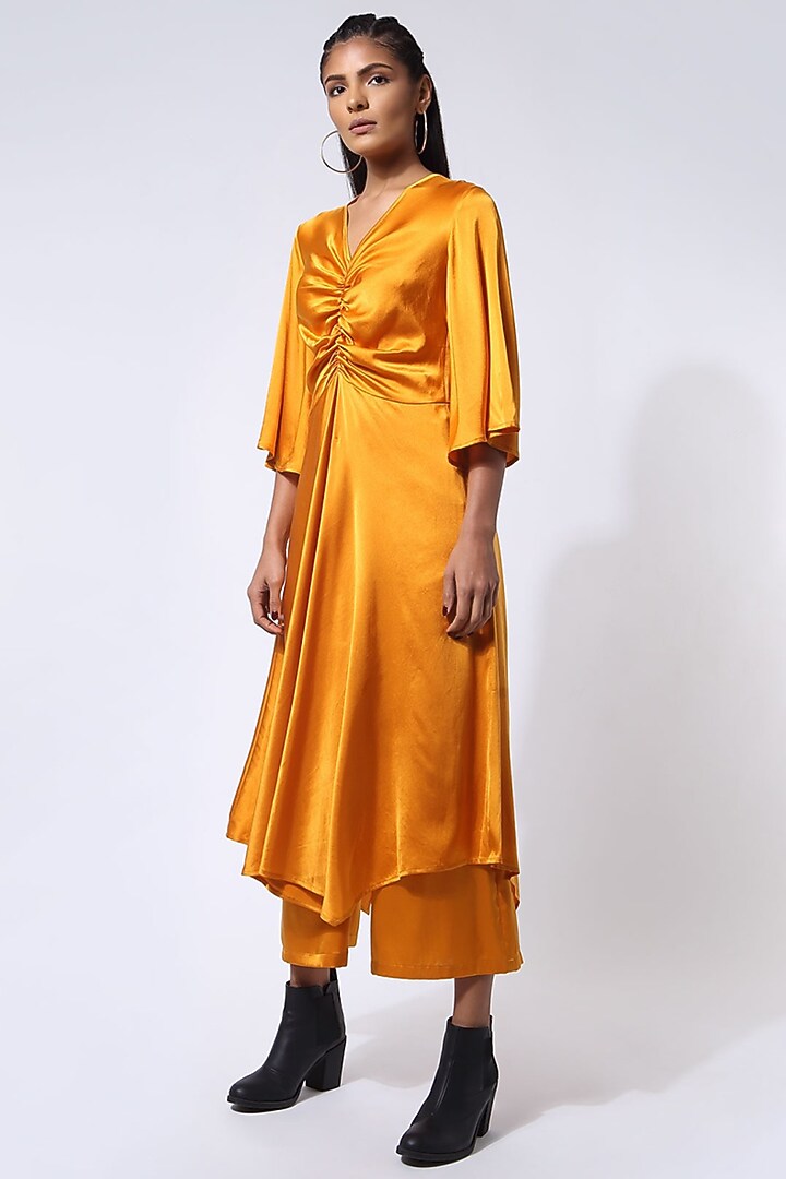 Ochre Yellow Stretch Satin Silk Draped Vacation Dress by 431-88 By Shweta Kapur at Pernia's Pop Up Shop