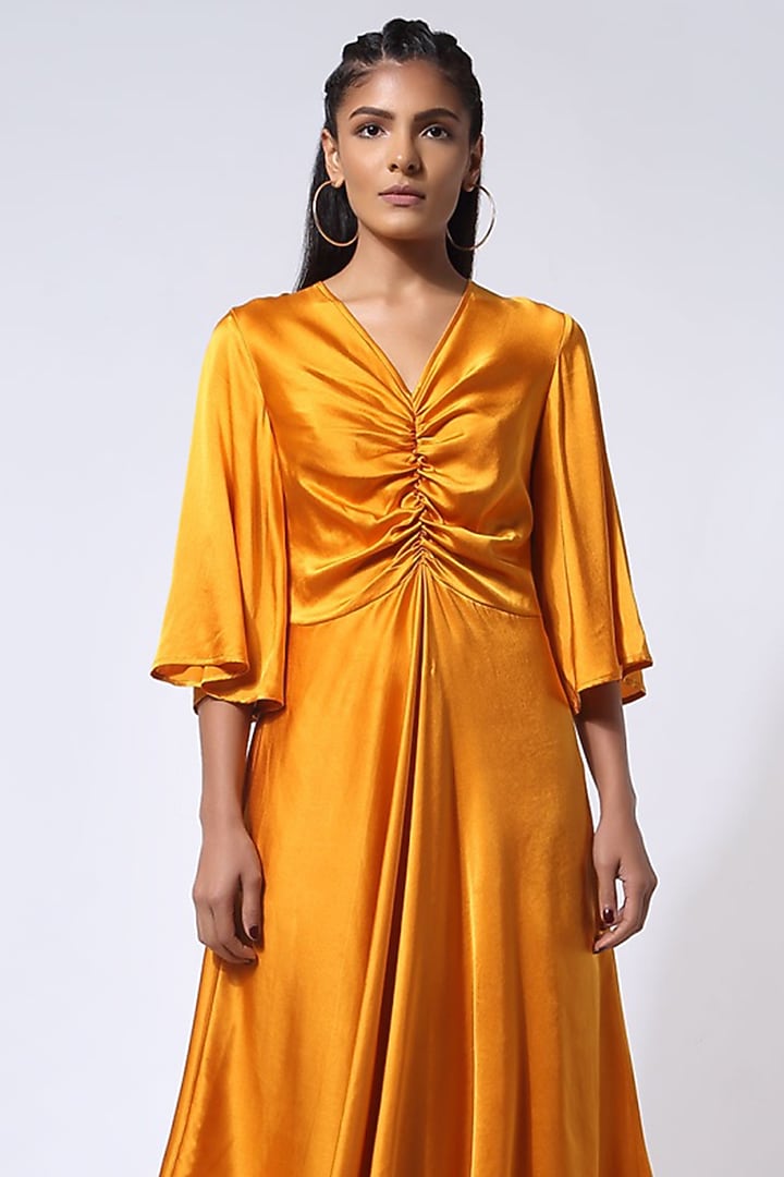 Ochre Yellow Stretch Satin Silk Draped Vacation Dress by 431-88 By Shweta Kapur at Pernia's Pop Up Shop