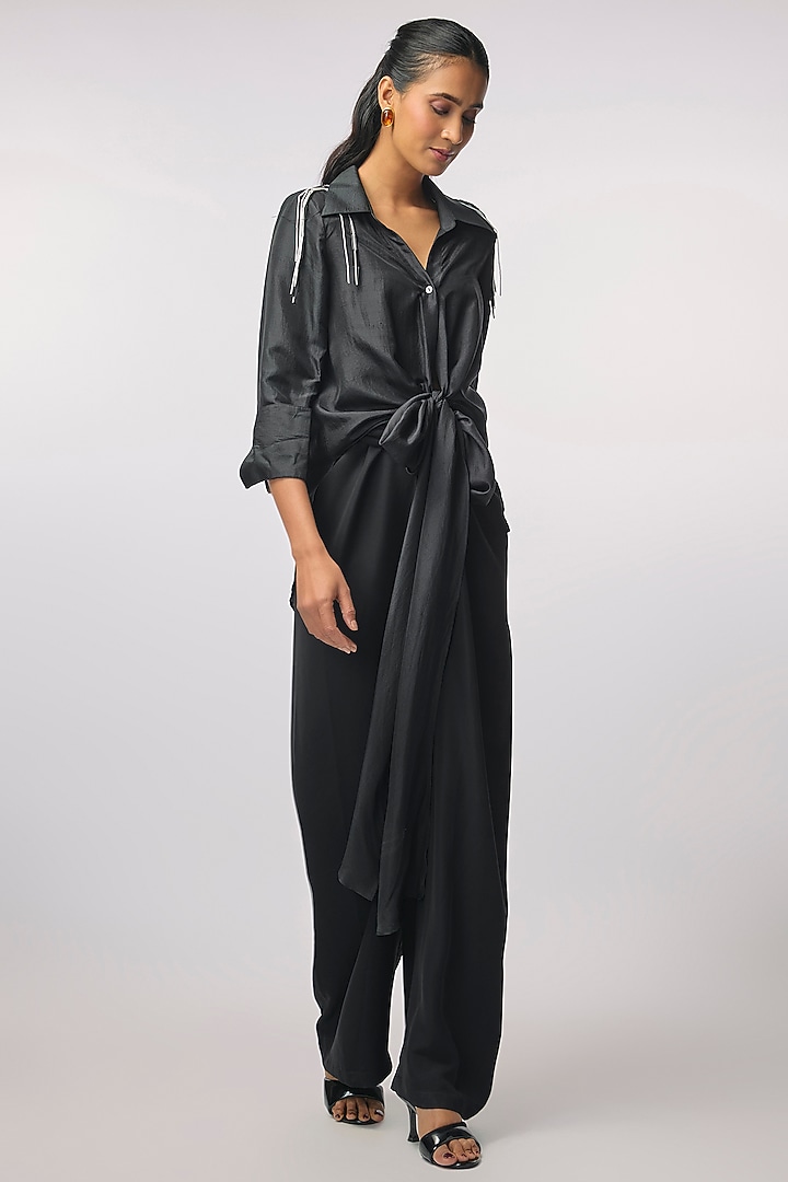 Black Silk Hand Embroidered High-Low Shirt by 431-88 By Shweta Kapur at Pernia's Pop Up Shop