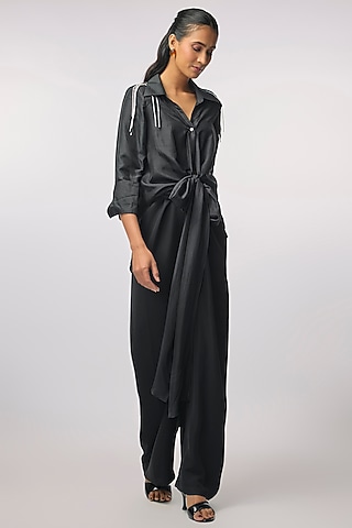 Black Silk Hand Embroidered High-Low Shirt by 431-88 By Shweta Kapur