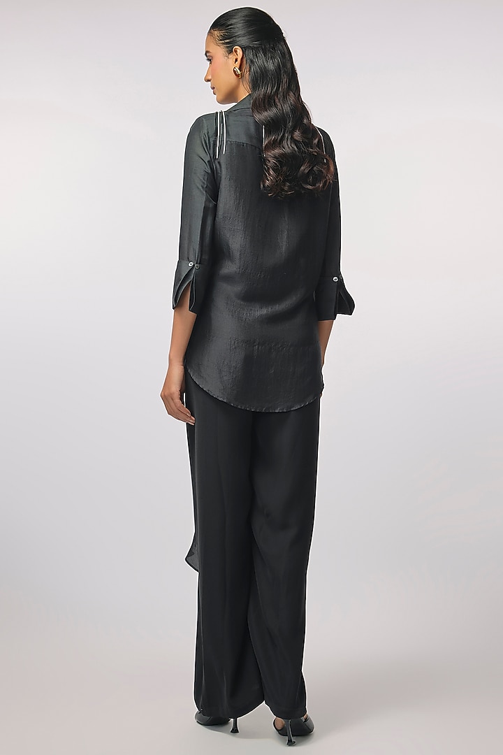 Black Silk Hand Embroidered High-Low Shirt by 431-88 By Shweta Kapur at Pernia's Pop Up Shop