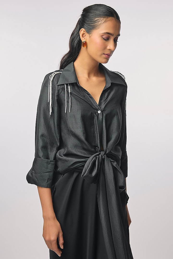 Black Silk Hand Embroidered High-Low Shirt by 431-88 By Shweta Kapur at Pernia's Pop Up Shop
