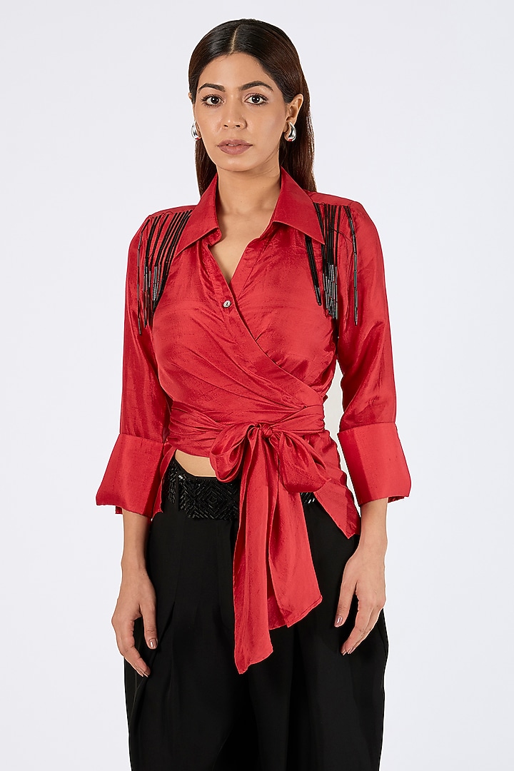 Red Silk Hand Embroidered Shirt by 431-88 By Shweta Kapur at Pernia's Pop Up Shop