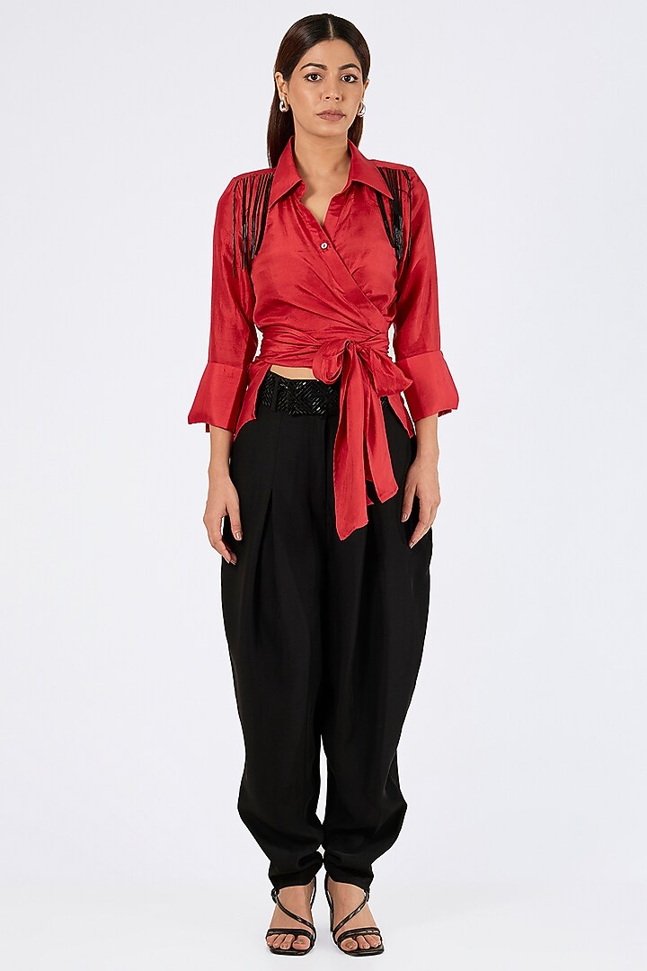 Red Silk Hand Embroidered Shirt by 431-88 By Shweta Kapur at Pernia's Pop Up Shop