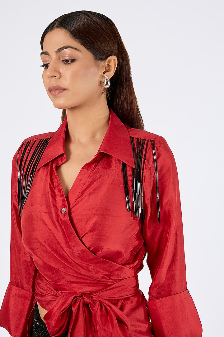 Red Silk Hand Embroidered Shirt by 431-88 By Shweta Kapur at Pernia's Pop Up Shop