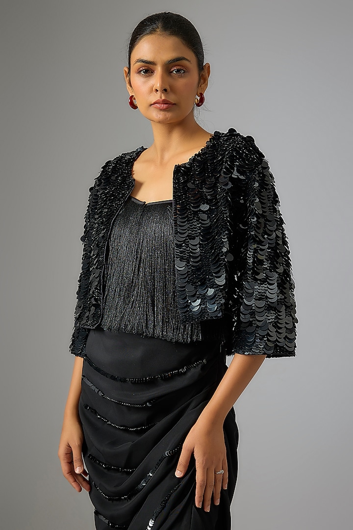 Black Cotton Twill Sequins Embroidered Structured Blazer by 431-88 By Shweta Kapur at Pernia's Pop Up Shop
