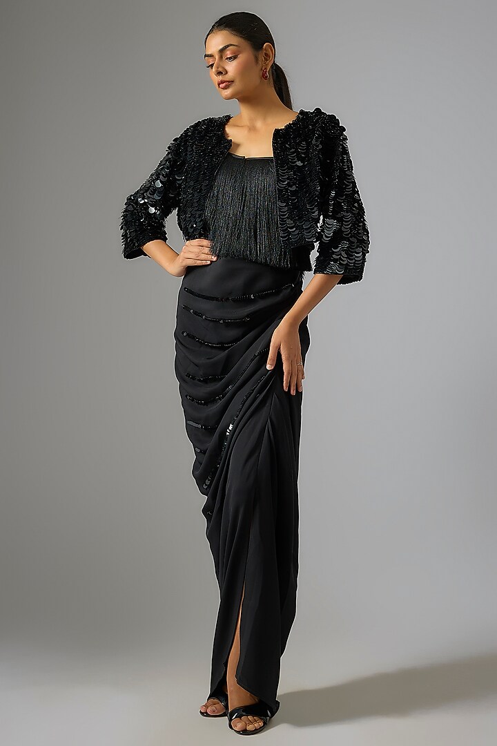 Black Cotton Twill Sequins Embroidered Structured Blazer by 431-88 By Shweta Kapur at Pernia's Pop Up Shop