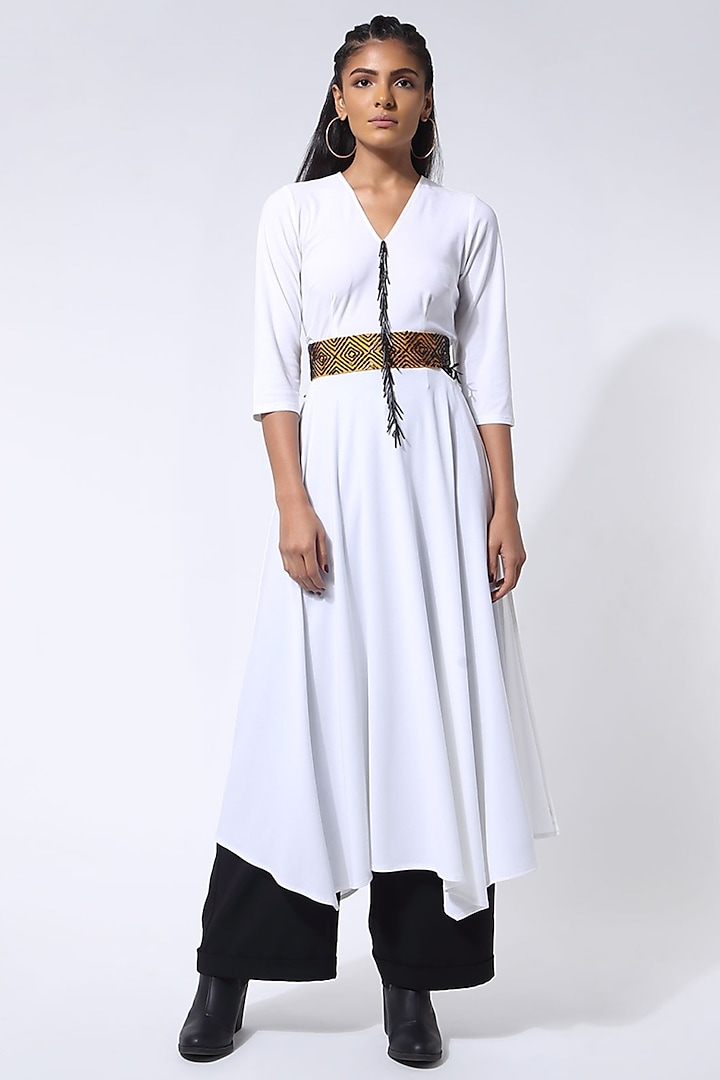 Off-White Jersey Hand Embroidered Draped Vacation Dress by 431-88 By Shweta Kapur at Pernia's Pop Up Shop