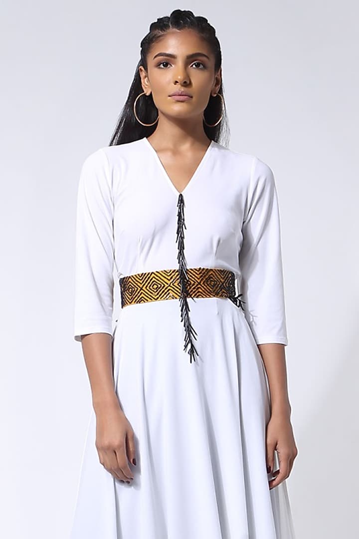Off-White Jersey Hand Embroidered Draped Vacation Dress by 431-88 By Shweta Kapur at Pernia's Pop Up Shop