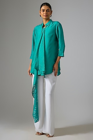 White Japanese Crepe Knotted Straight Pants by 431-88 By Shweta Kapur