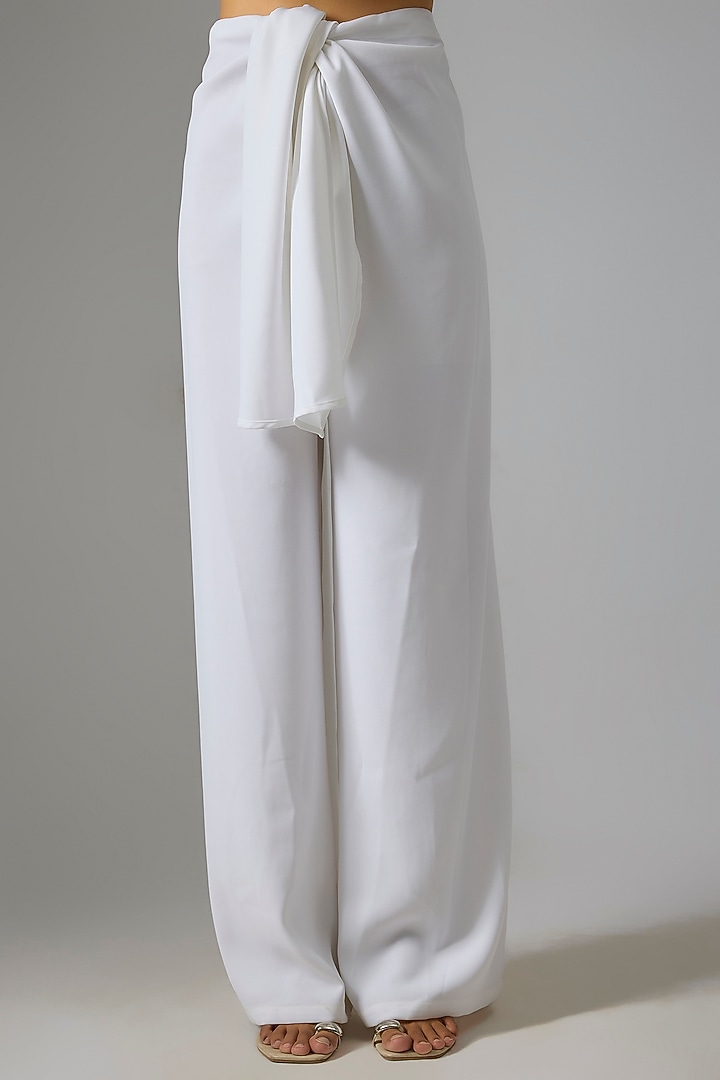 White Japanese Crepe Knotted Straight Pants by 431-88 By Shweta Kapur at Pernia's Pop Up Shop