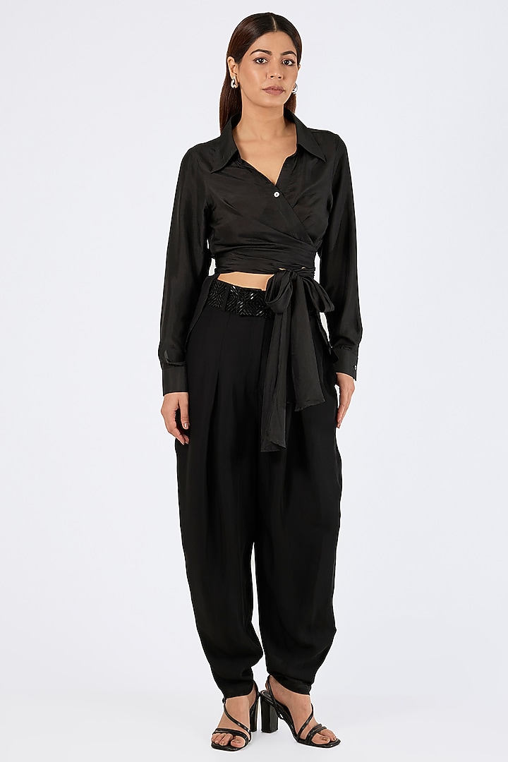 Black Micropoly Pants by 431-88 By Shweta Kapur at Pernia's Pop Up Shop