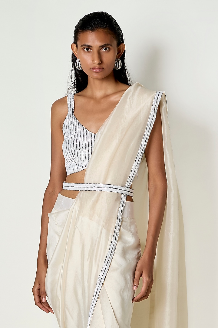 White Silk Nalki Hand Embroidered Blouse by 431-88 By Shweta Kapur at Pernia's Pop Up Shop