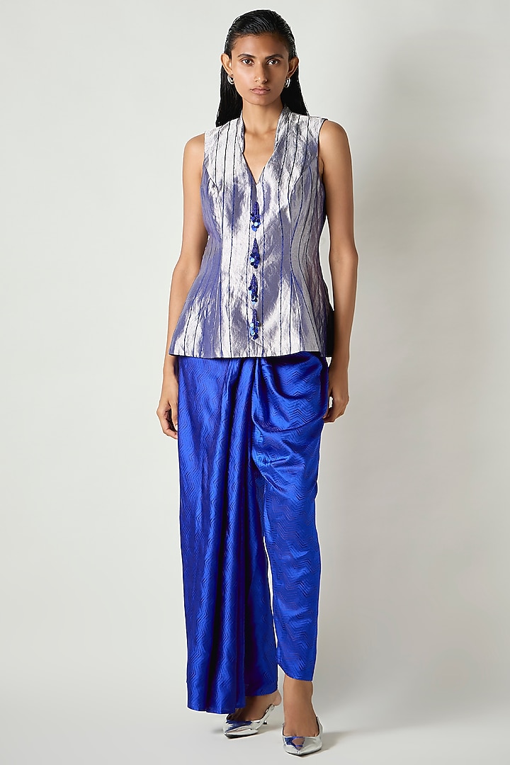 Electric Blue Satin Silk Sleeveless Blazer by 431-88 By Shweta Kapur at Pernia's Pop Up Shop