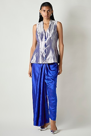 Electric Blue Satin Silk Draped Dhoti Pants by 431-88 By Shweta Kapur