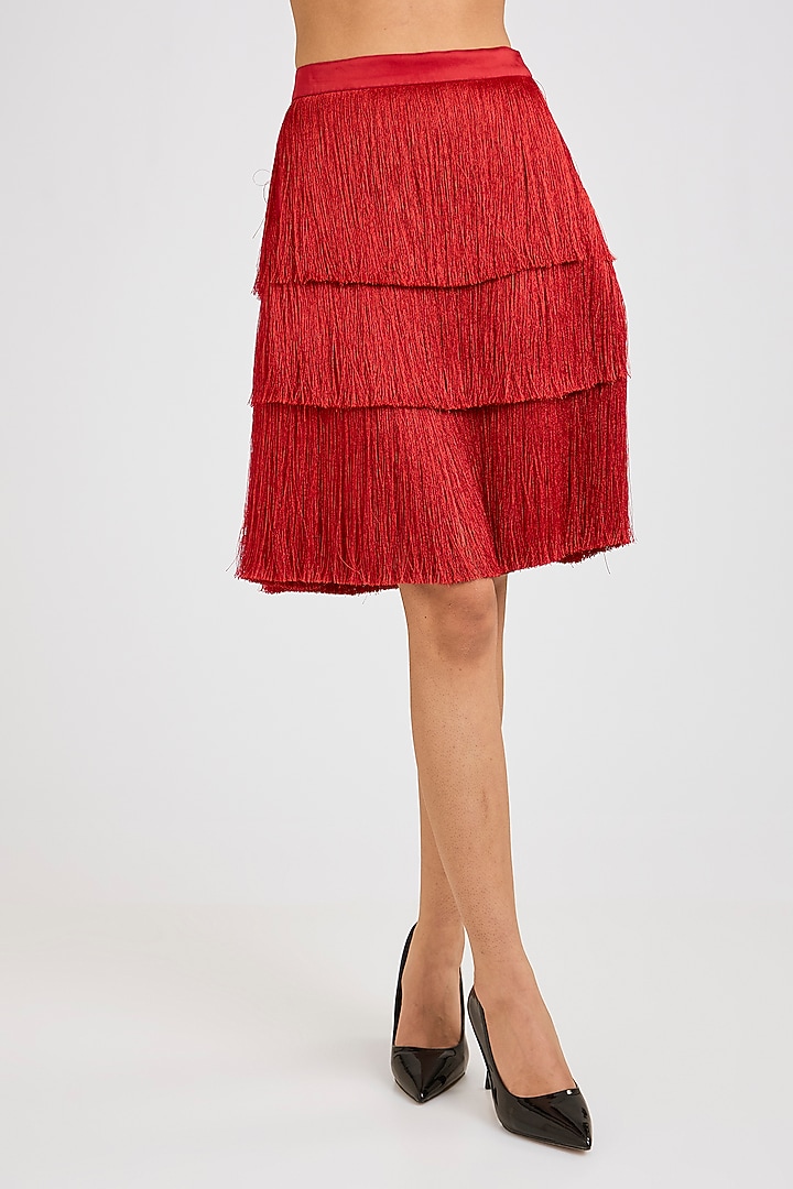 Red Fringe Mini Skirt by 431-88 By Shweta Kapur at Pernia's Pop Up Shop