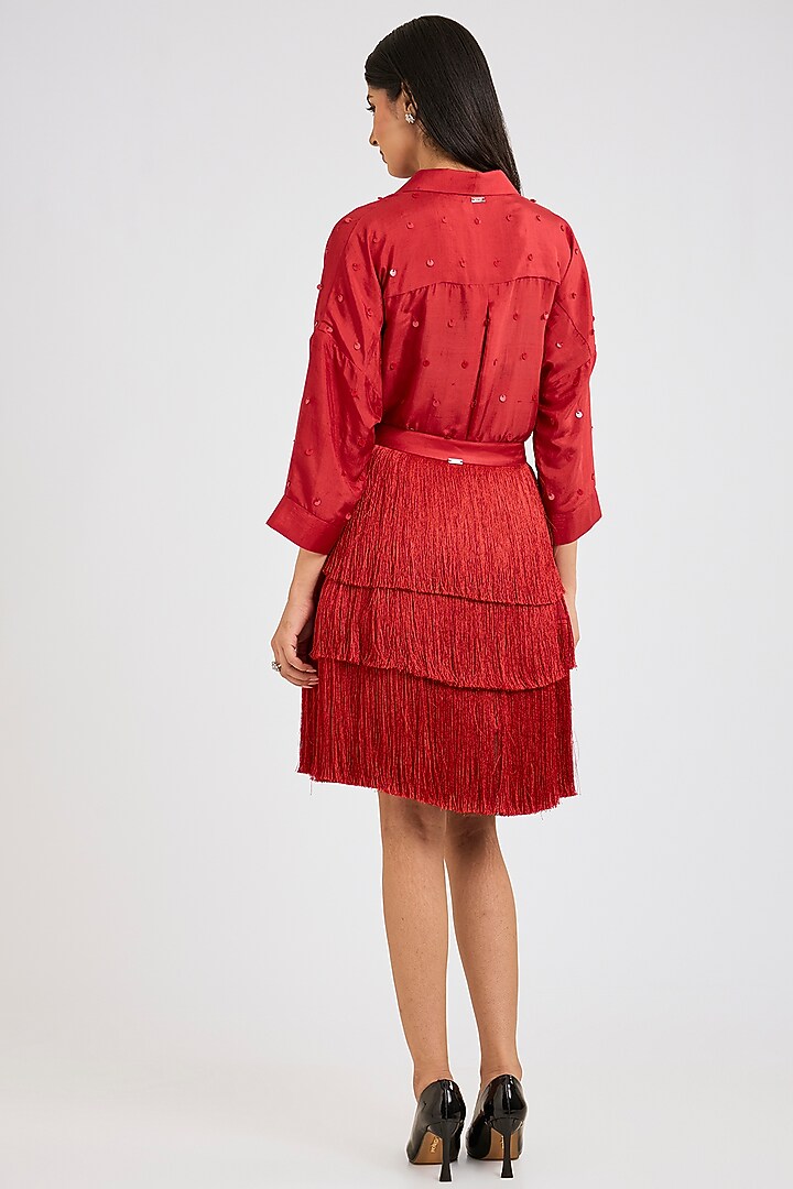 Red Fringe Mini Skirt by 431-88 By Shweta Kapur at Pernia's Pop Up Shop