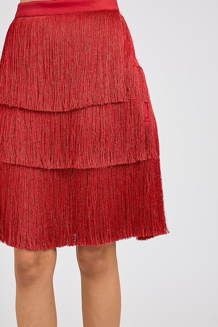 Red Fringe Mini Skirt by 431-88 By Shweta Kapur at Pernia's Pop Up Shop