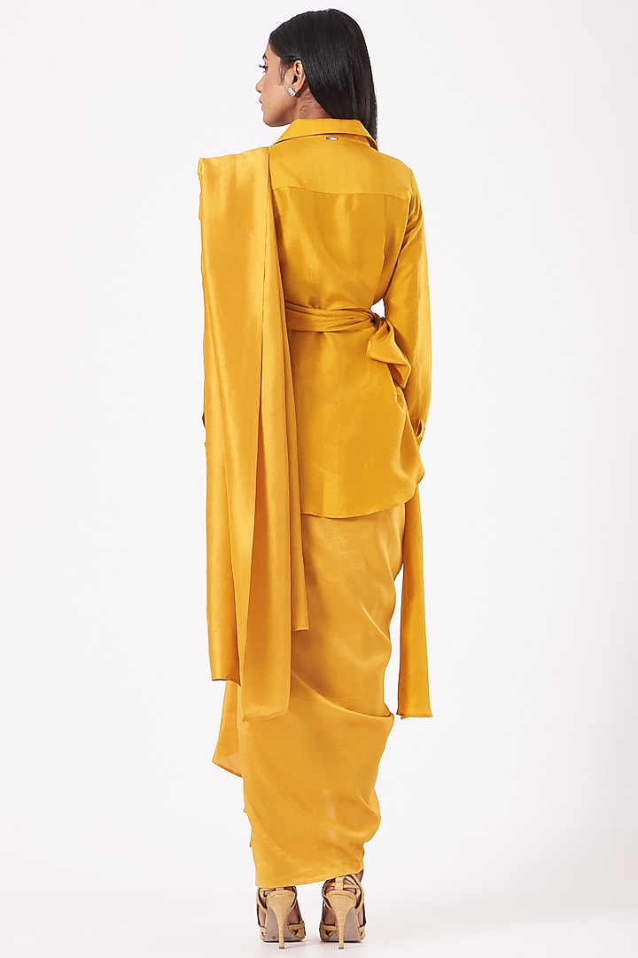 Ochre Yellow Silk Dupion Masai Godet Wedding Saree Set by 431-88 By Shweta Kapur at Pernia's Pop Up Shop