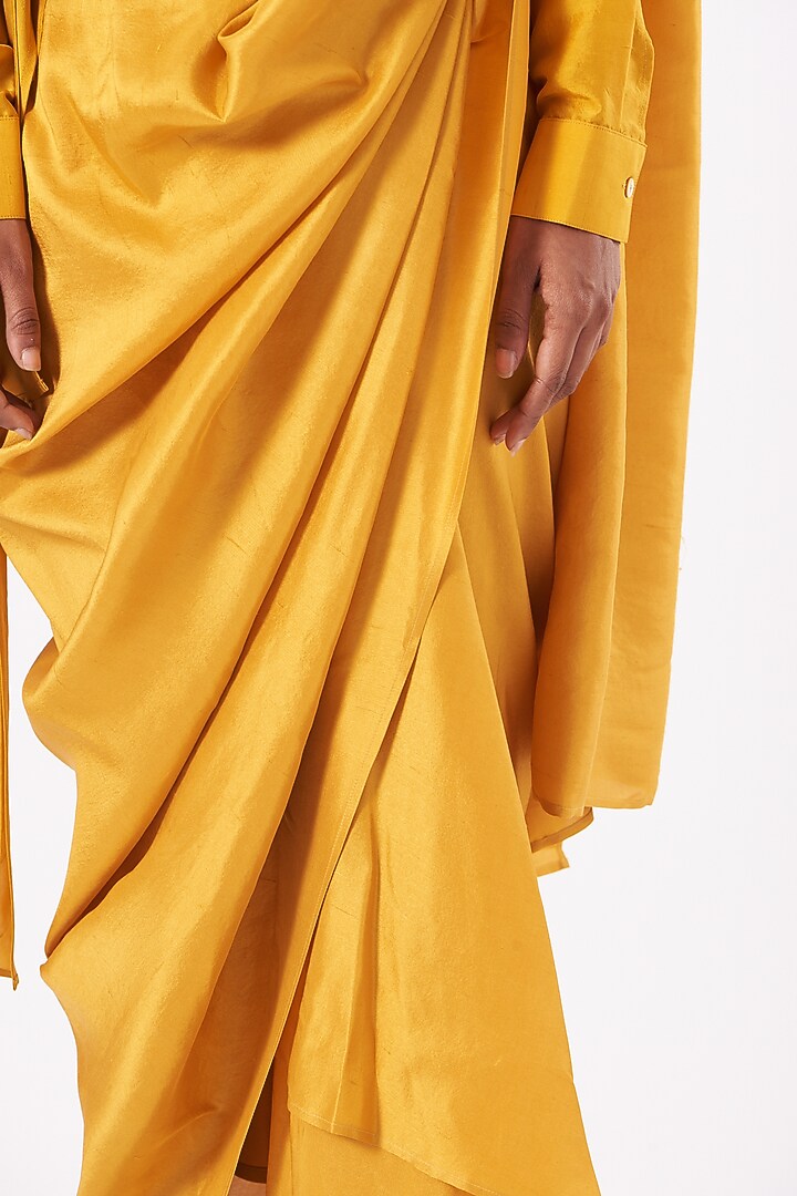 Ochre Yellow Silk Dupion Masai Godet Wedding Saree Set by 431-88 By Shweta Kapur at Pernia's Pop Up Shop