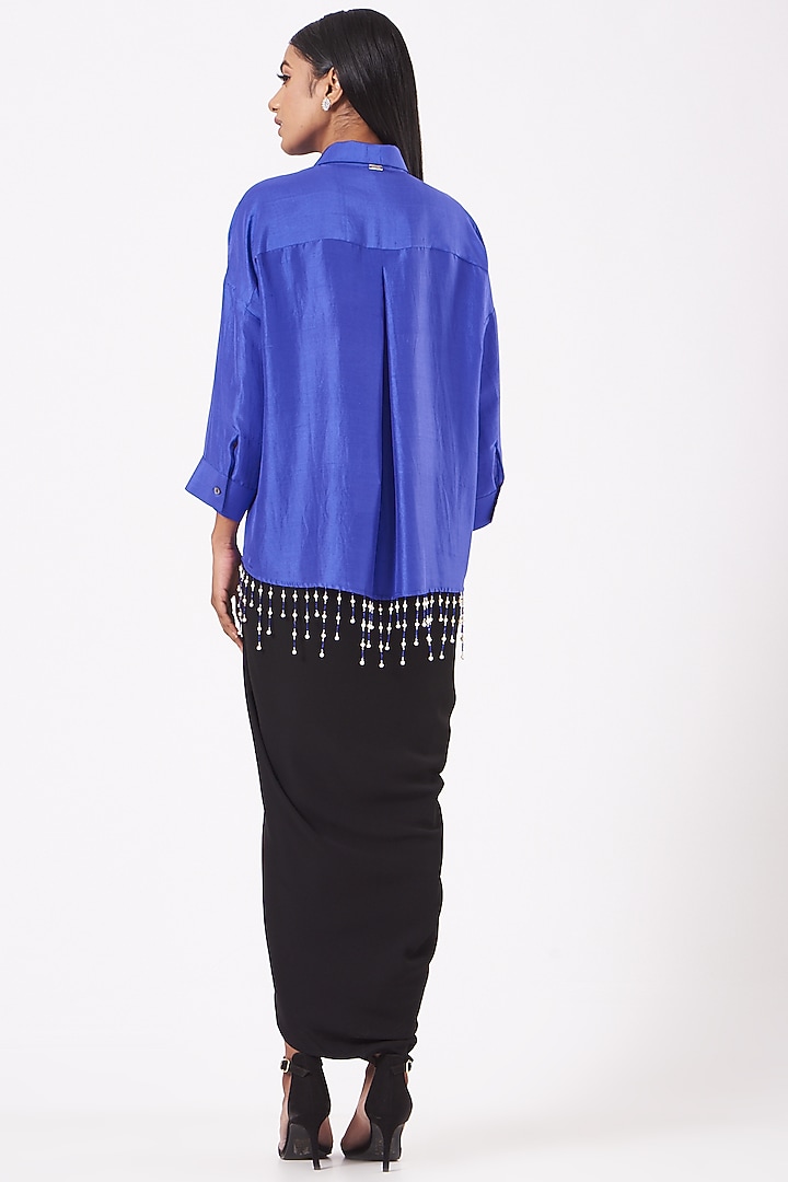 Electric Blue Silk Dupion Pearl Drop Shirt by 431-88 By Shweta Kapur at Pernia's Pop Up Shop