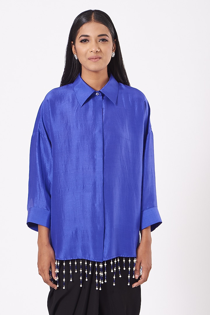 Electric Blue Silk Dupion Pearl Drop Shirt by 431-88 By Shweta Kapur at Pernia's Pop Up Shop