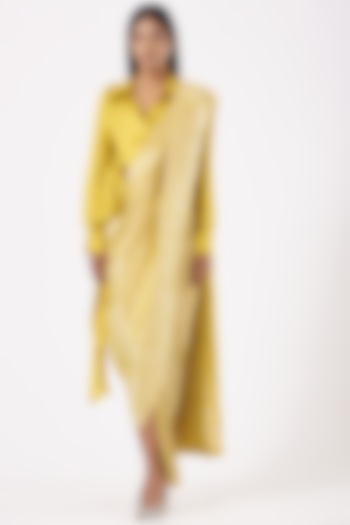 Lemon Gold Pleated Metallic Wedding Saree With Lemon Kim Shirt by 431-88 By Shweta Kapur at Pernia's Pop Up Shop